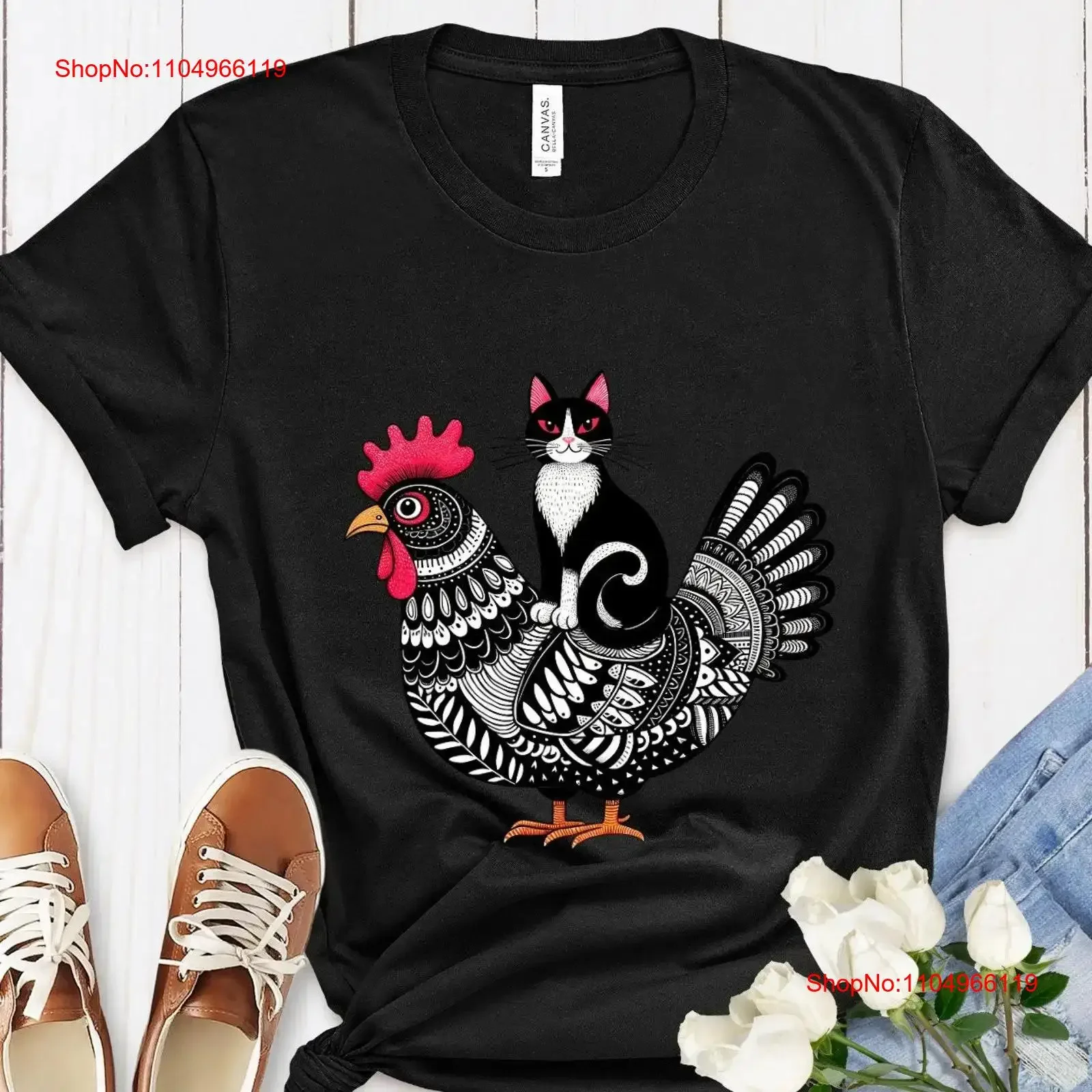 

Уникальная футболка с иллюстрацией кота и петуха, топ из хлопка, художественный дизайн для любителей животных, забавная ферма, идея для любителей домашних животных, винтажная стираная футболка