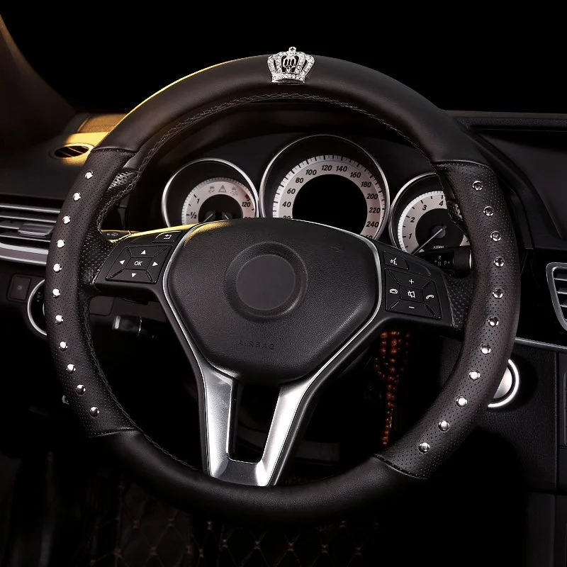 Crown Rivets Car Accessories Steering Wheel Cover Leather Handlebar Case For Women Universal Car Steering Wheel Cover Black