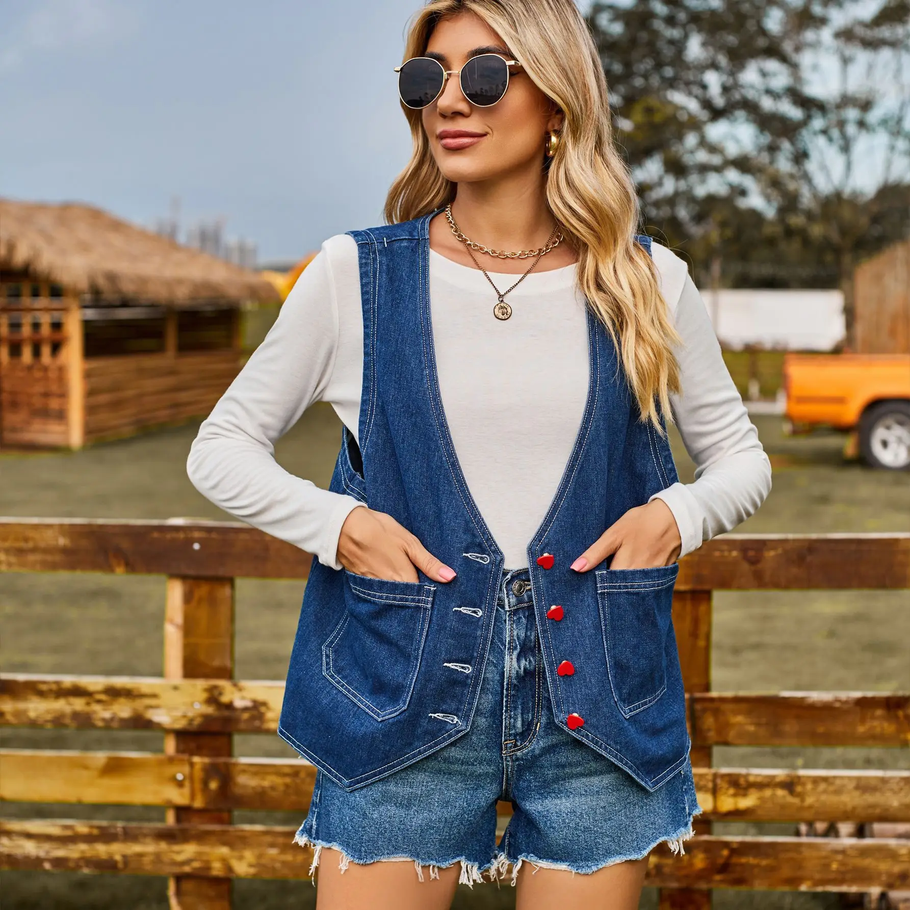 Neue Jeans weste Tank Top Mode Liebe Knopf Trend Denim ärmellose Weste Frauen Jacken Westen Weste für Frauen