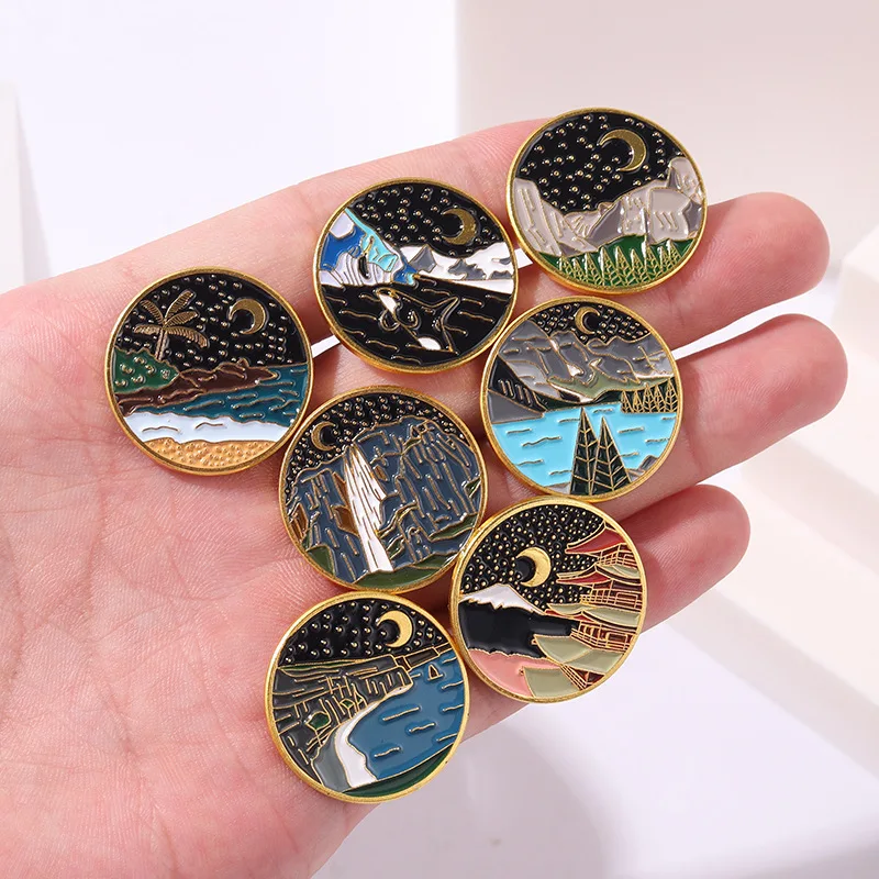 Serie de pintura al óleo Retro viento montaña paisaje serie de pintura broche de aleación accesorios de ropa Pin de solapa Vintage Van Gogh