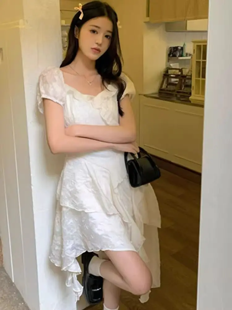 Sukienki Krótkie Rękawy Damskie Quinceanera Niebieskie Wiosenne Satynowe Kokarda Marszczona Talia Falbana Linia A Słodkie Wyszczuplające Szarfy Ładne Delikatne