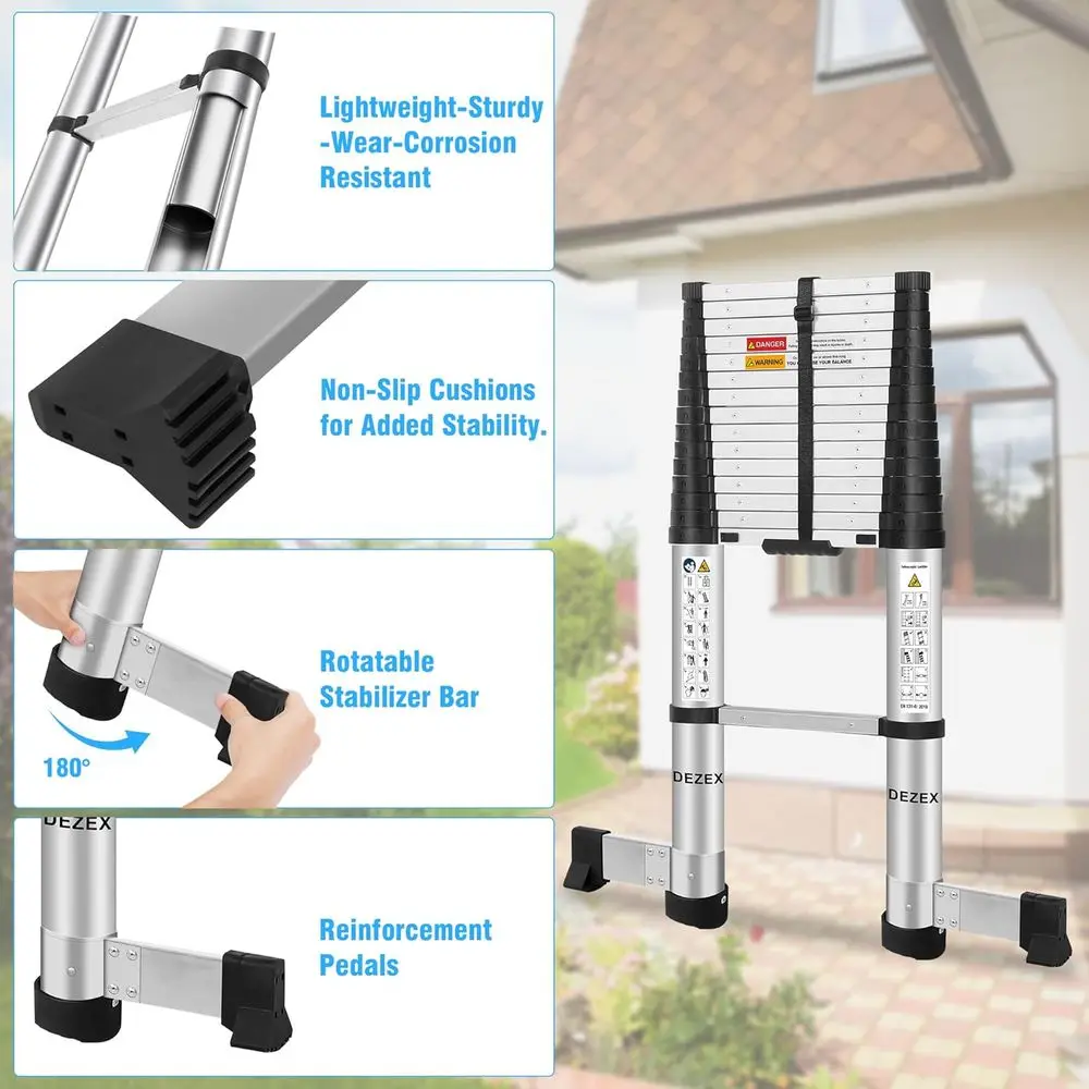 Collapsible 15.5FT Aluminum Ladder with One-Touch Retraction, 330lbs Capacity, for Home, RV, and Attic Use