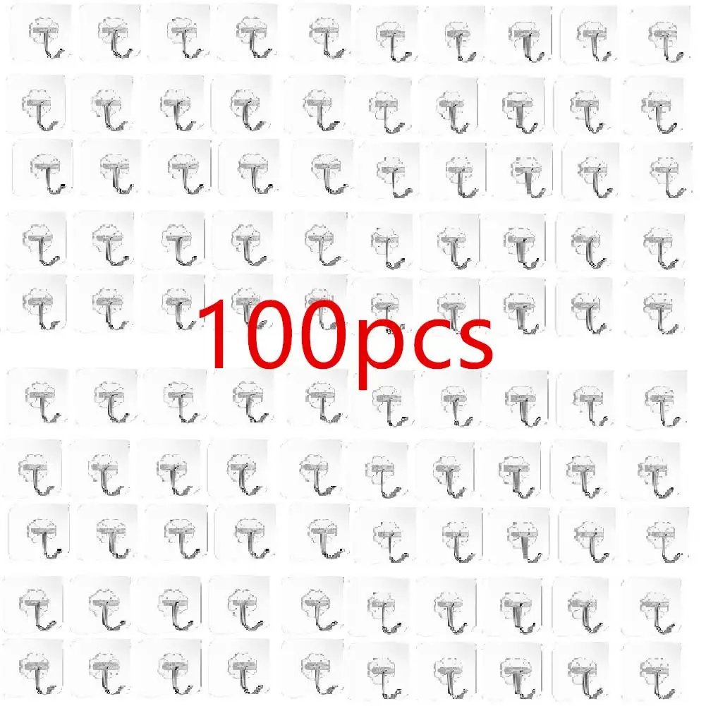 

100pcs Transparent Non Punching Hook with No Marks Strong Adhesive Hook Bathroom Living Room Wall Hanging Door Self-adhesive Hoo