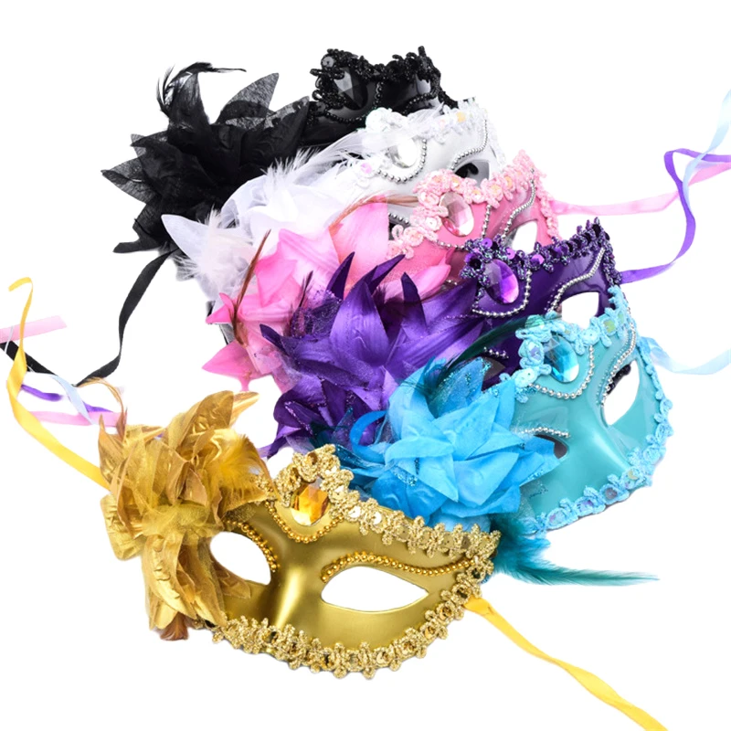 Women Half Face Mask Masquerade Flowers Princess Eyewear Costume Cosplay Female Feather Mask Adults Party Performance Supplies