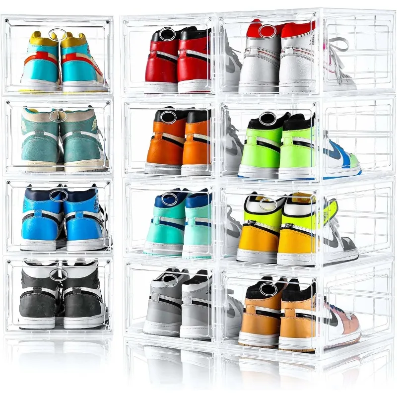 

12 Pack Shoe Boxes Stackable,Upgraded Sturdy Shoe Storage Boxes with Clear Magnetic Door,Multifunctional Sneaker Storage