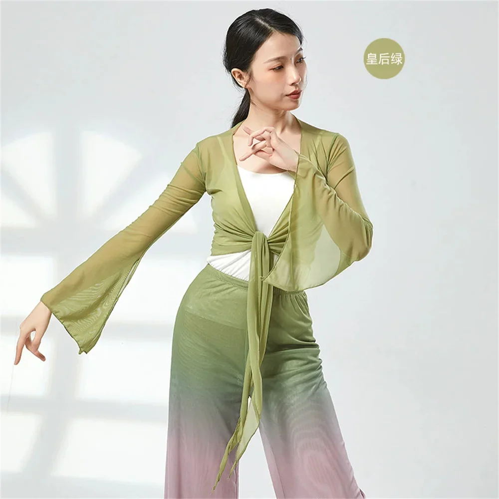 Mode Vrouwen Dans Top Lange Uitlopende Mouw Gaas Mesh Dunne Blouse Prestaties Lijn Kleding Vintage Koreaanse Kleding Vrouwen