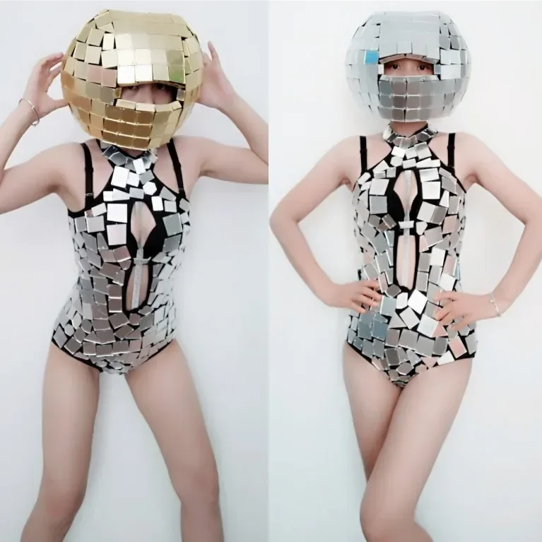 2025 Bar GOGO بدلة أداء من قطعة واحدة ذات مرآة عالية الجودة ترتر ذهبي على شكل مثلث ملفوفة على الورك #3