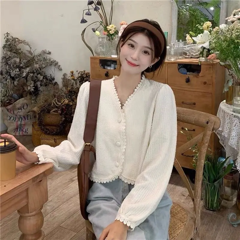 

Lace V-Neck Button Striped Cardigan 2023 Autumn Winter Fashion Women Cardigan Office Lady Loose Simple Elegant Sweet Coat