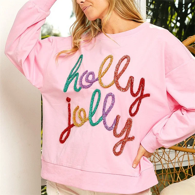 Sudadera con letras navideñas para mujer, ropa colorida con cuello redondo, sudaderas con capucha de manga larga, ropa de calle para vacaciones