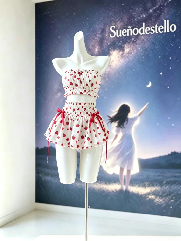 Sweet Y2K 2 Piece Set Women Heart Print Off Shoulder Puff Sleeve Crop Top High Waist Mini Skirt Bow Trim Daily Female Outfits