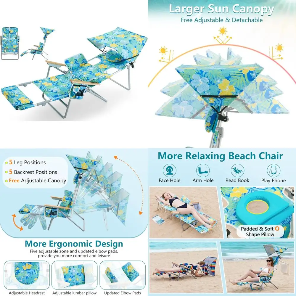 Lettino da spiaggia 4 in 1 con baldacchino, sedia abbronzante, fori per il viso e le braccia, cuscino lombare, braccioli in legno di faggio per un massimo rilassamento