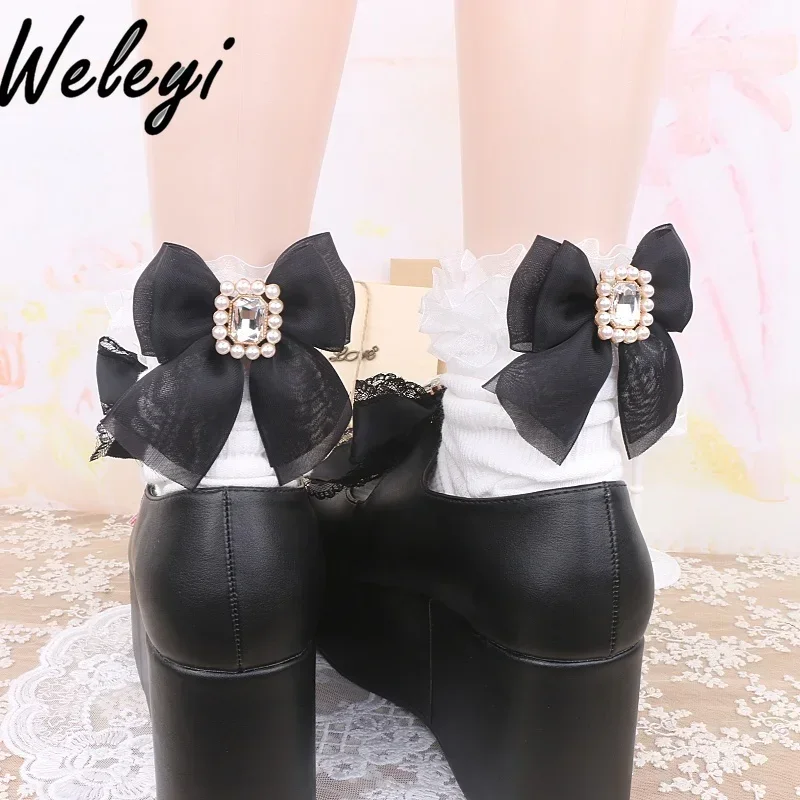 Jirai Kei Accessories Cute Girl Lolita Fungus Edge Pile Sock Japanese Style Mine Sweet Yarn Bow Tie Pearl Rhinestone Socks Woman