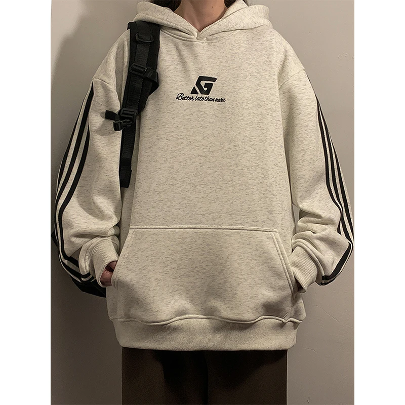 

Осень-зима, большой размер 300, мужская толстовка с капюшоном в полоску в стиле пэчворк, свободный тяжелый топ в американском стиле, повседневный топ