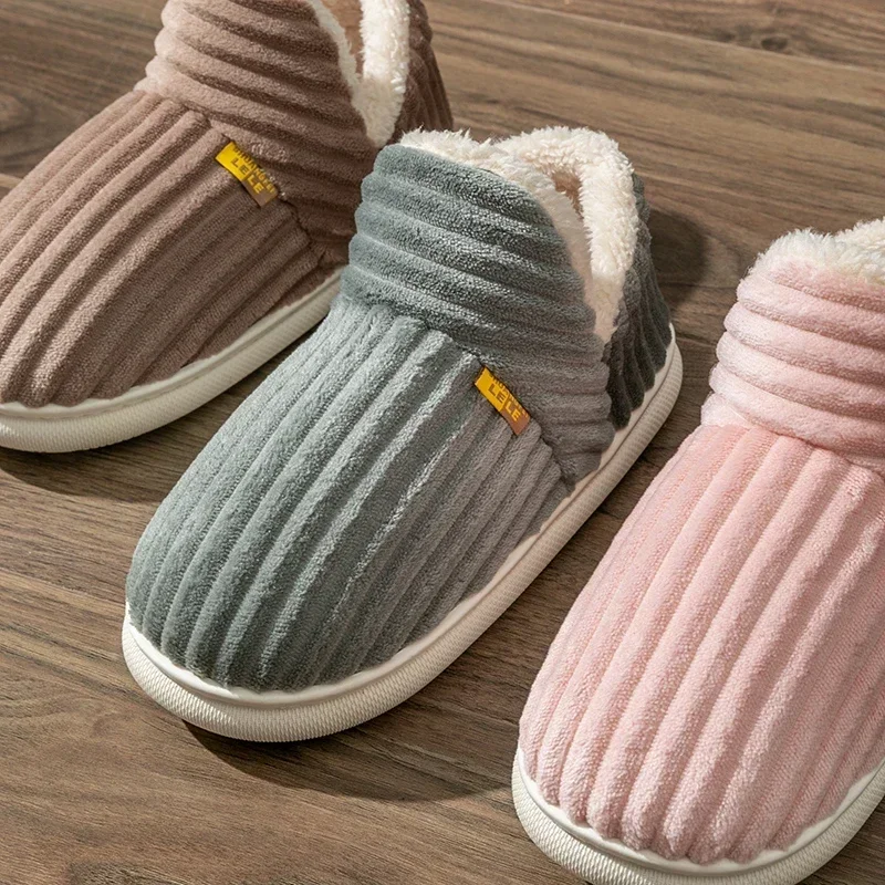 Winter Couple Style Simple Stripes Wrap Heels Plush Slippers Male Non-slip Soft Warm Flip Flops Men Home Casual Cotton Shoes