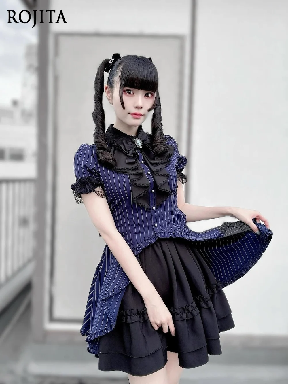 

Shorts Sets Japanese Gothic Style Palace Lace Patchwork Striped Short Sleeve Dress and Shorts Two Piece Sets Womens Outifits