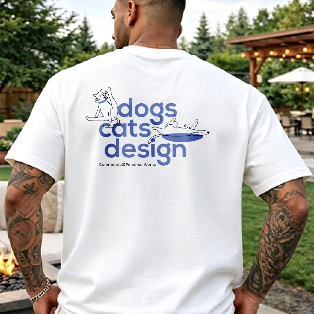 Dogs Cats Design Line Art Cat on Bench Dog on Frisbee Blue Gradient Text T Shirt Cotton Tee Pet Lover Dual Animal Minimal Casual