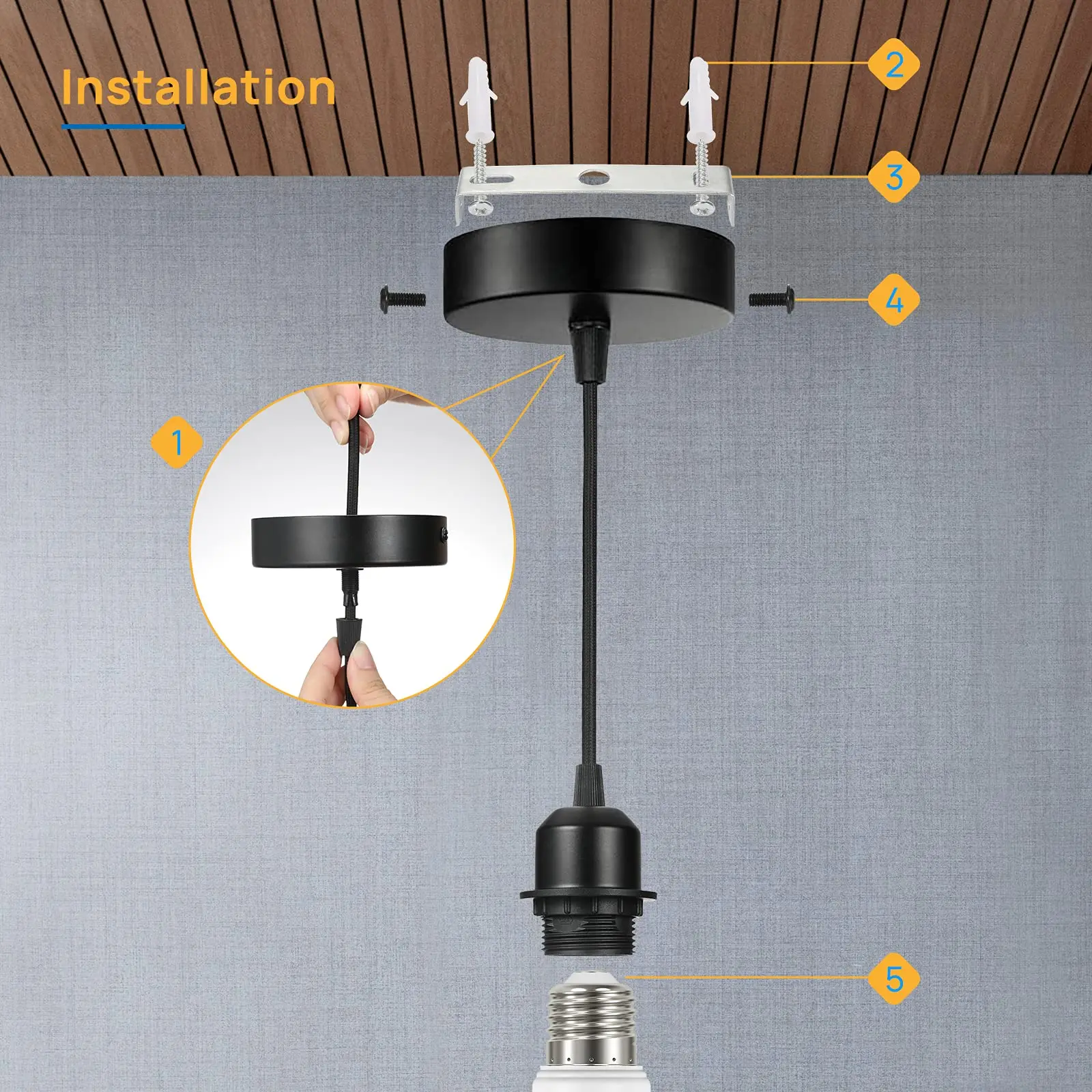 GANRILAND Black White 110V 220V Pendant Light 1M Base E26 E27 Lampholder Socket DIY Full-Tooth Morden Ceiling Haning Mini Light