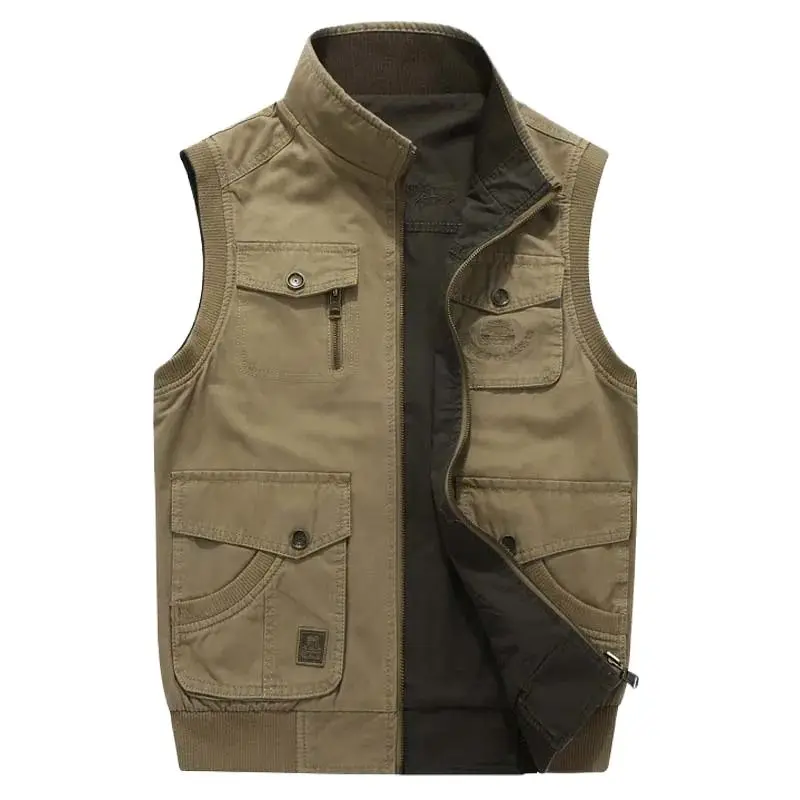 Double SIDE Vest Cotton PLUS SIZE M-8XL Men Casual Vest with Many Pocket Sleeveless Jacket Mandarin Collar Military Waistcoat