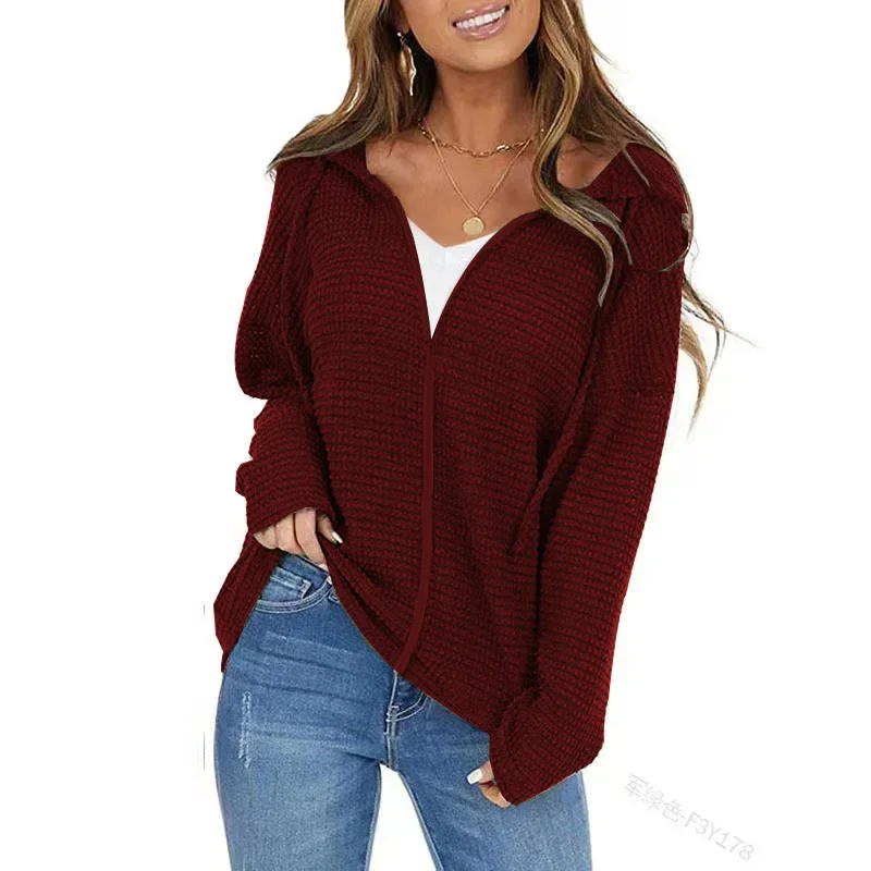 Women Waffle Knit Hooded Top Half Zip V Neck Long Sleeve Loose Side Slit Casual Pullover