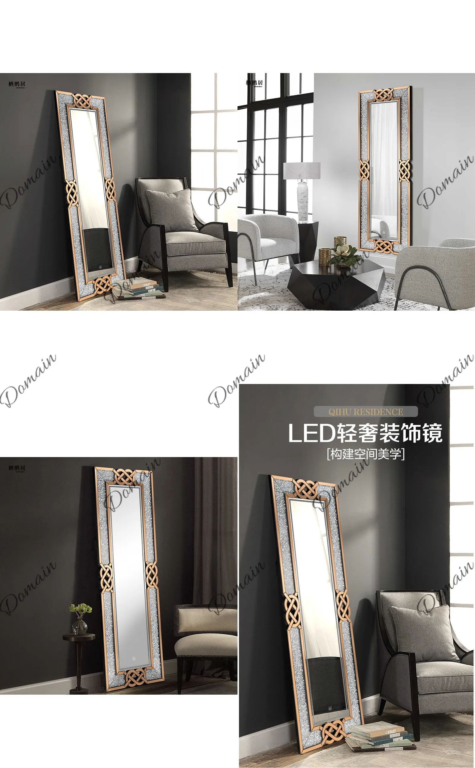 French Luxury Full Length Floor Mirror with LED Rhinestone Wall Mounted Dressing Mirror for Bedroom Home