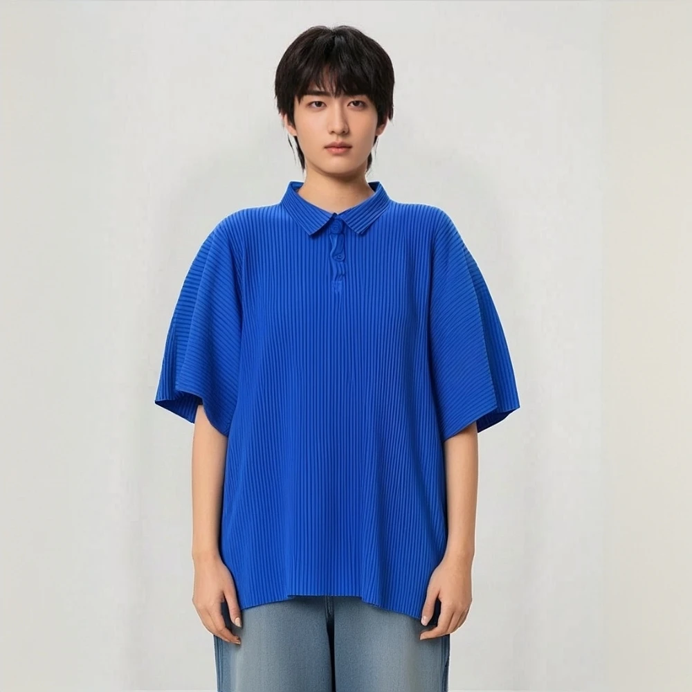 

Miyake 2025 Spring Pressed Pleated Ruffled Short-sleeved Polo Shirt Men's Lapel Top Short-sleeved Summer Loose Casual Jacket