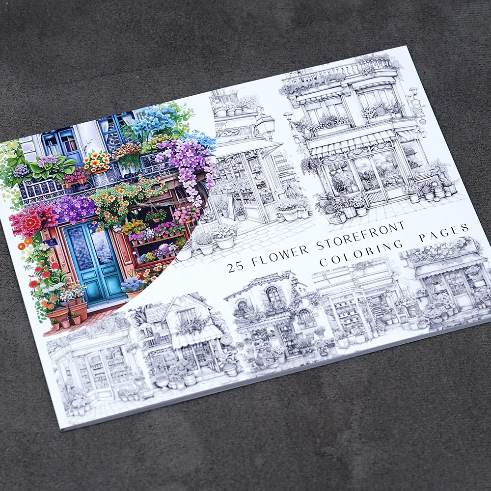 Libro para Colorear con 25 Diseños de Floristerías, Hermosas Escenas de Tiendas Florales, Páginas Relajantes para Colorear, Impresión a una Sola Cara, Regalo