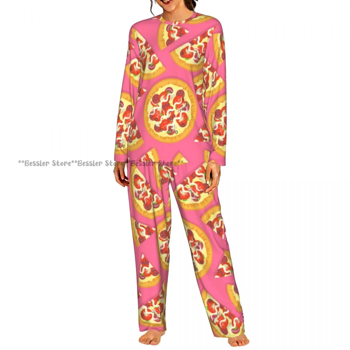 Ladies Soft Pajamas Set Tasty Italian Pizza Texture Round Neck Long Sleeve Long Pants Casual Loose Homewear