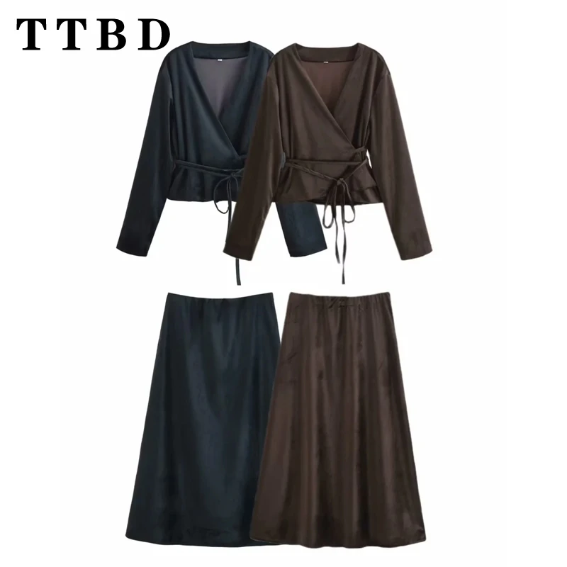 TTBD 2024 Autumn New Female Chic Lace Outerwear Jacket Sophisticated Woman V-Collar Long Sleeve Two-piece Regular Fit Velvet Top