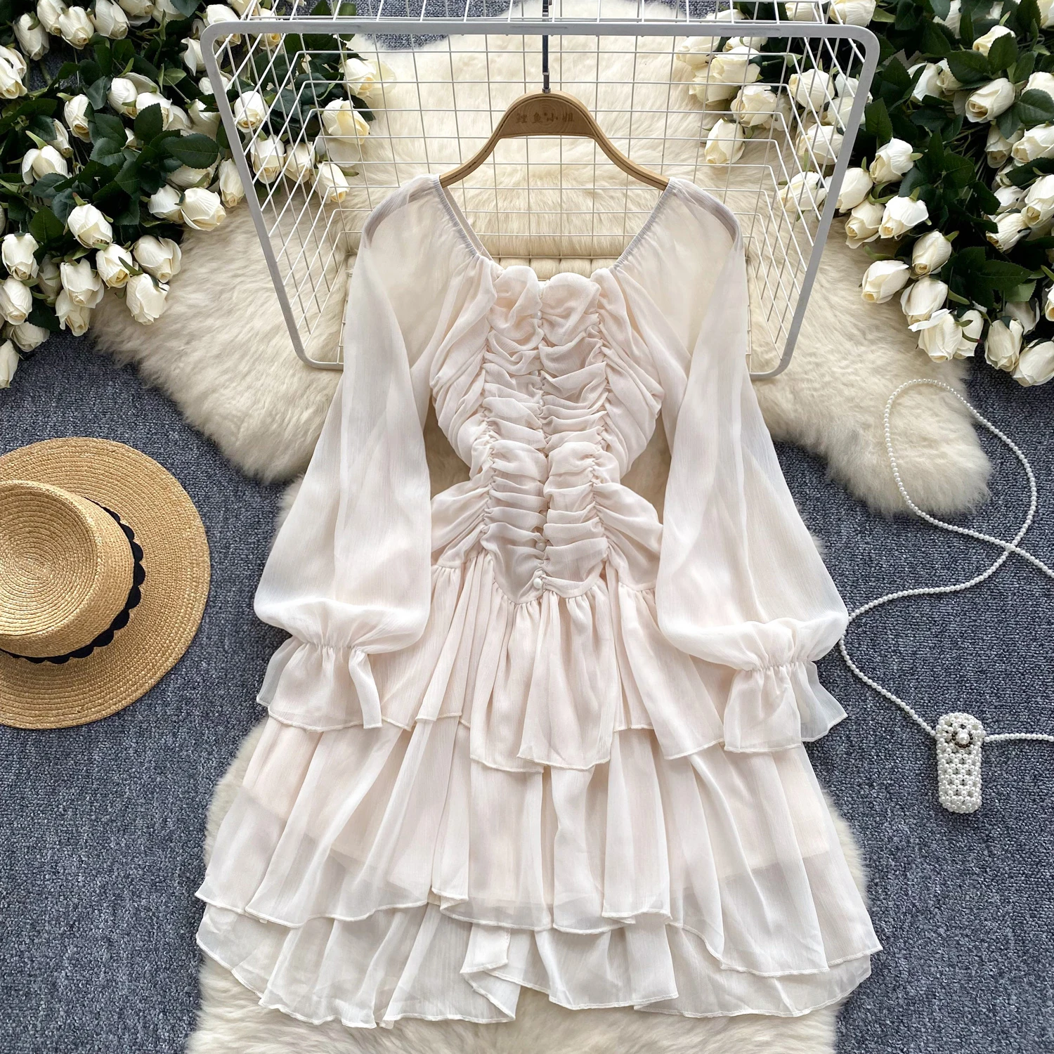 Summer Short Dress for Women Beige Chiffon Folds Bohemian Ruffle Layered Midi Traf New In 2024 Beach Vacation U-Neck Thin Luxury