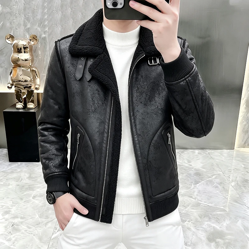 Men's Fashionable Suede Jacket Autumn Winter Thickened Fleece Lined Leather Fur Integrated Stylish All-Match Outerwear