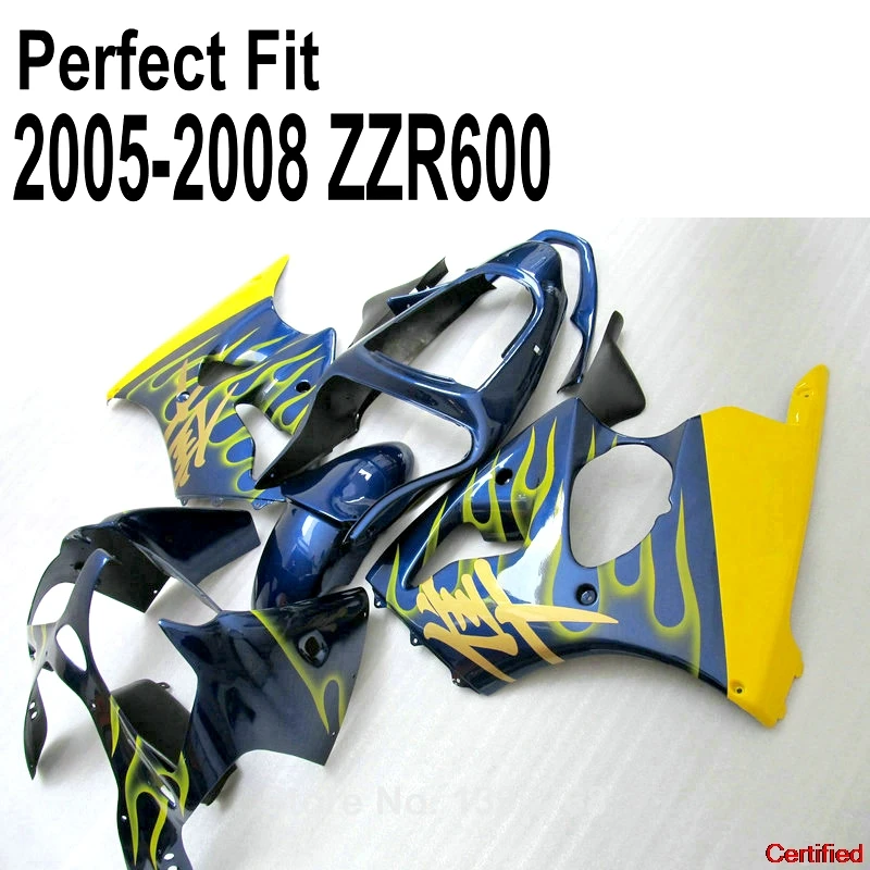 New Yellow Flames Blue ABS Fairing Kit For Kawasaki ZZR600  2005 2006 2007 2008 05 06 07 08 2006 06 Fairings 109