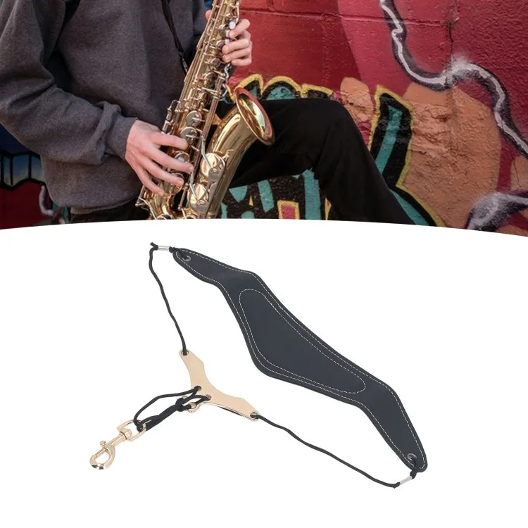 Saxophone Neck Strap Leather Breathable Adjustable Y Shape for Sax with Metal Swivel Snap Hook Black
