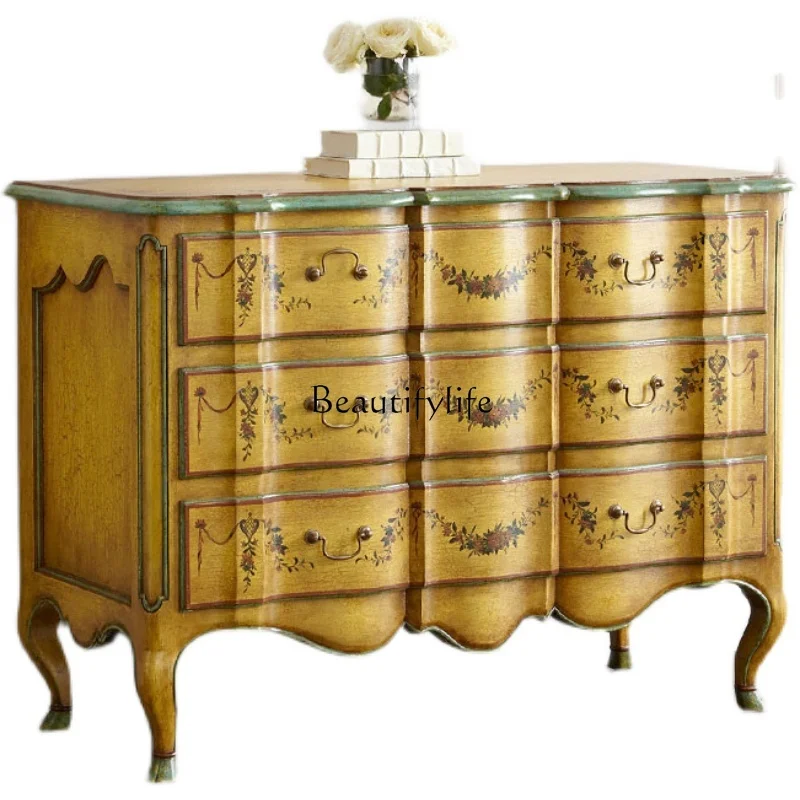 

American French solid wood art painted entrance cabinet old decorative side cabinet