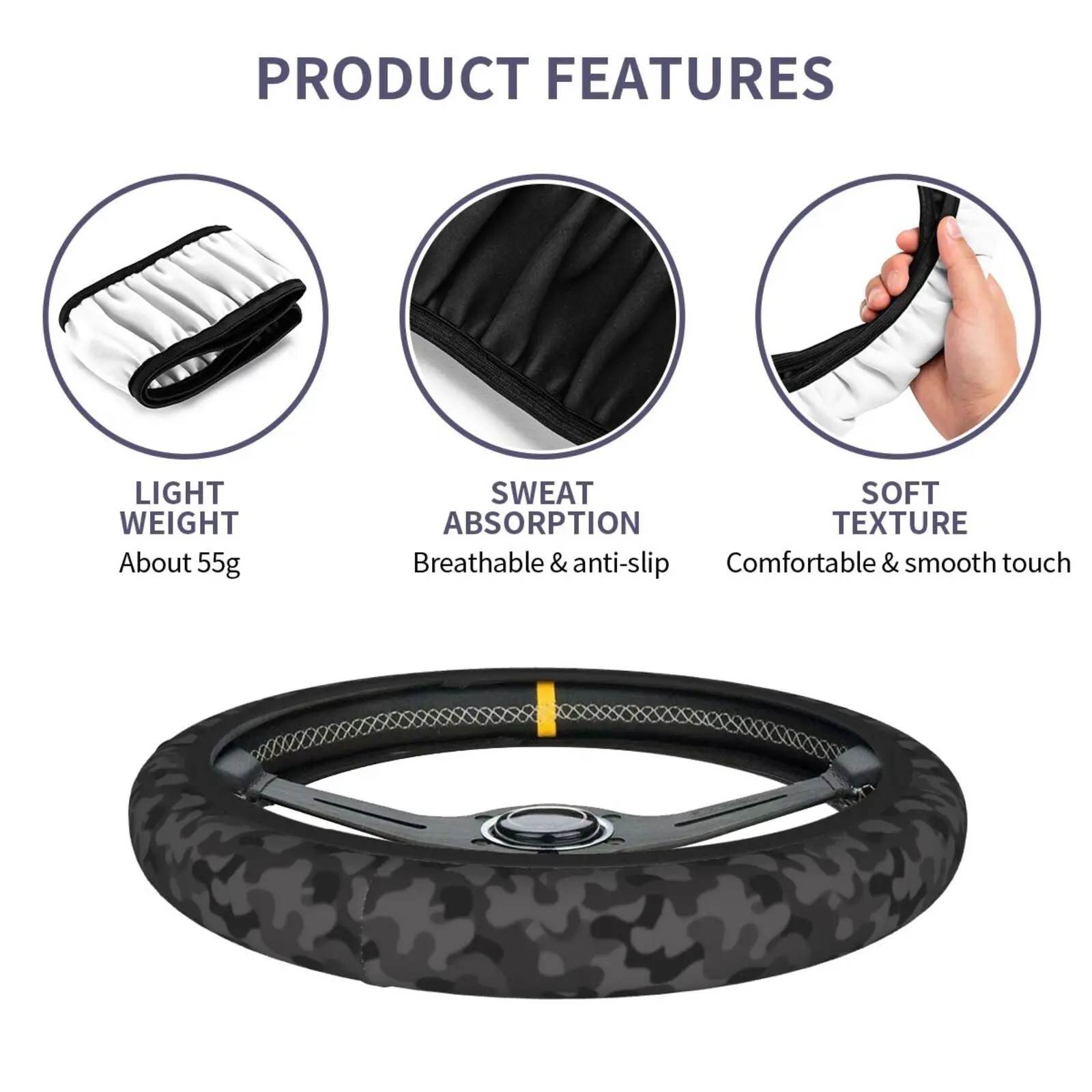Grey Camouflage Pattern Steering Wheel Cover Funny Anti-Slip Car Accessories for Men Women Universal 15 Inch Fit Most Vehicles - view 6