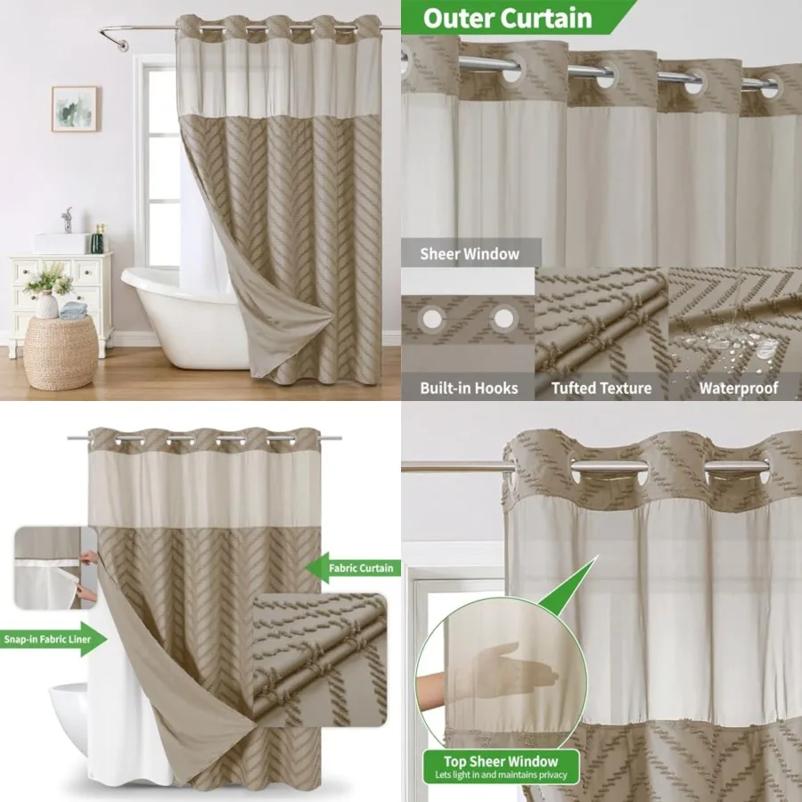 

No Hook Boho Farmhouse Shower Curtain with Snap-in Fabric Liner set-71Wx86H 84H,Tufted Chevron Striped Hotel Grade Cloth Shower