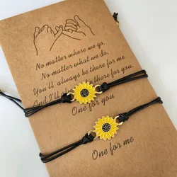 Fashion Sunflower Bracelets Handmade Braided with Black Oil Drip Rope Charm Friendship Wish Card Bangle Couple Alloy Jewelry