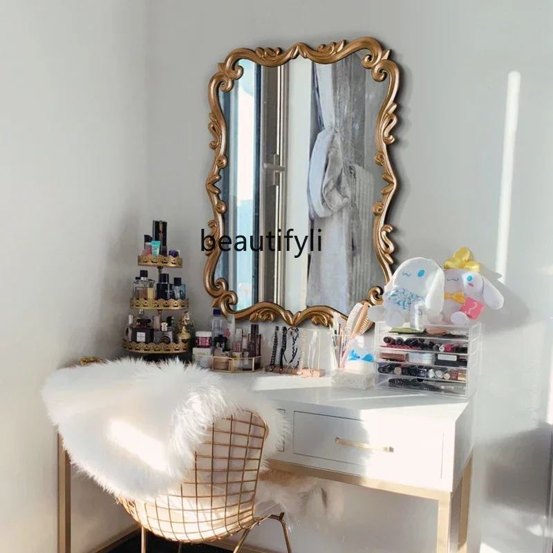 

1184French Simplicity Vintge Gold Mkeup Mirror Hllwy Decortive Bedroom Squre Dressing Mirror Crved