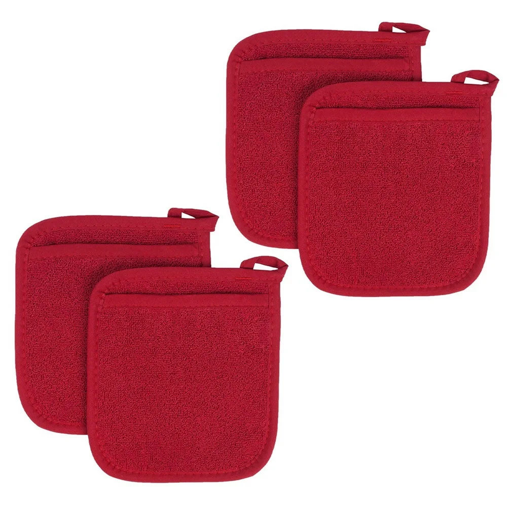 4Pcs Pot Mat Cotton Cloth Pot Holders Looped Gloves Terry Pot Kitchen Holders Cushion Pocket Tool Potholder Gloves Red