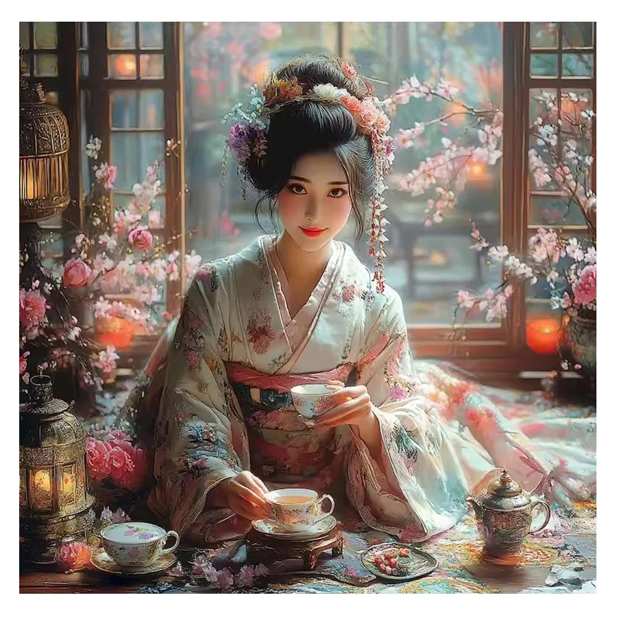 

Японское кимоно для девочек, алмазная живопись, чайное искусство, гейша, изображение горного хрусталя, 5D мозаика, красота, девушка, декор с алмазной вышивкой