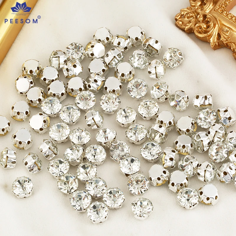 PEESOM AAAA 3mm-10mm 3D Sliver/Gold Claw Round Sewing Clear Crystal Rhinestone with Hole DIY Sew On Glass Stone for Needlework