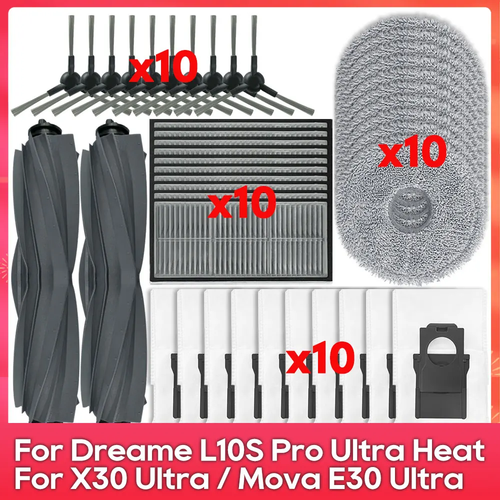 Compatible For ( Dreame L10S Pro Ultra Heat, X30 Ultra, X30 Pro, Mova E30 Ultra ) Accessory Main Side Brush Filter Mop Dust Bag