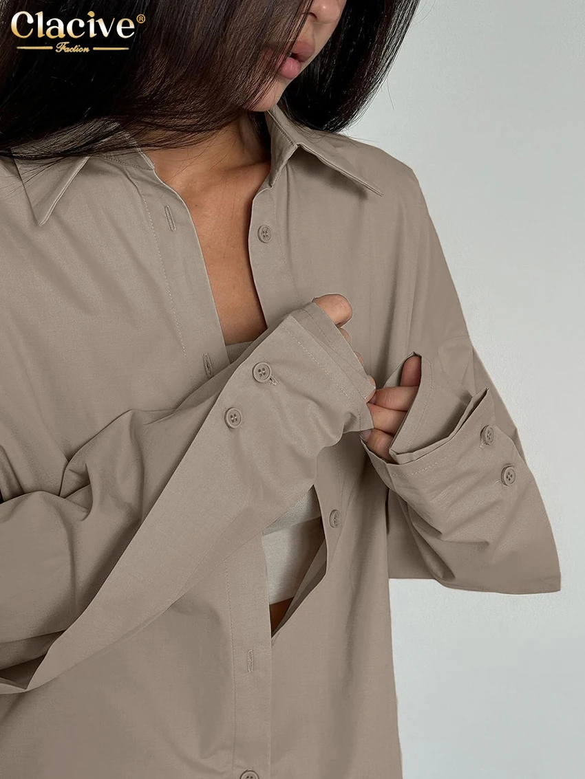 Clacive Fashion Loose Khaki Women's Blouse 2025 Casual Lapel Long Sleeve Shirt Elegant Classic Solid Top Female Clothing