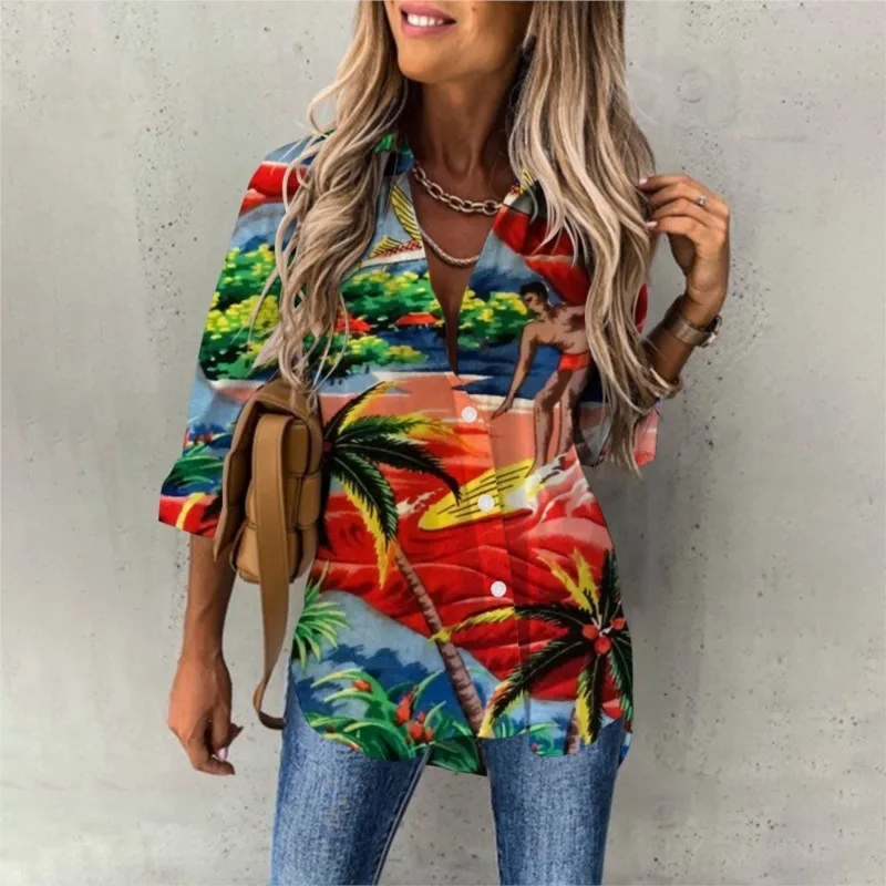 Hawaiian Vacation Style Coconut Tree Flower Blouse Women Fashionable Spring And Autumn Printed Long Sleeved Casual Collar Shirt