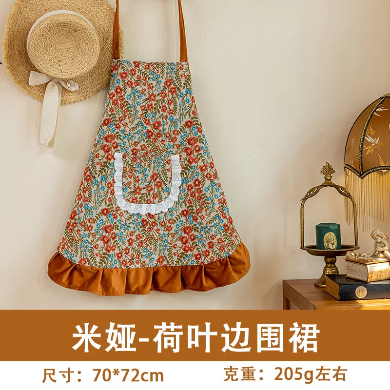 Franse retro-stijl schort, huishoudelijk keukenschort, schort met ophanglus, lotusblad bloemarrangement, taillebedekkend schort