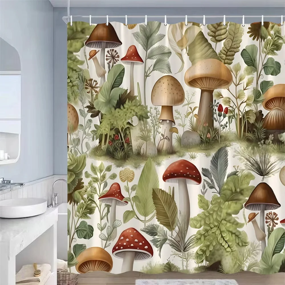 Vintage Mushroom Shower Curtains Nature Forest Woodland Butterfly Plants Flowers Animals Black Bathroom Curtain Decor with Hooks