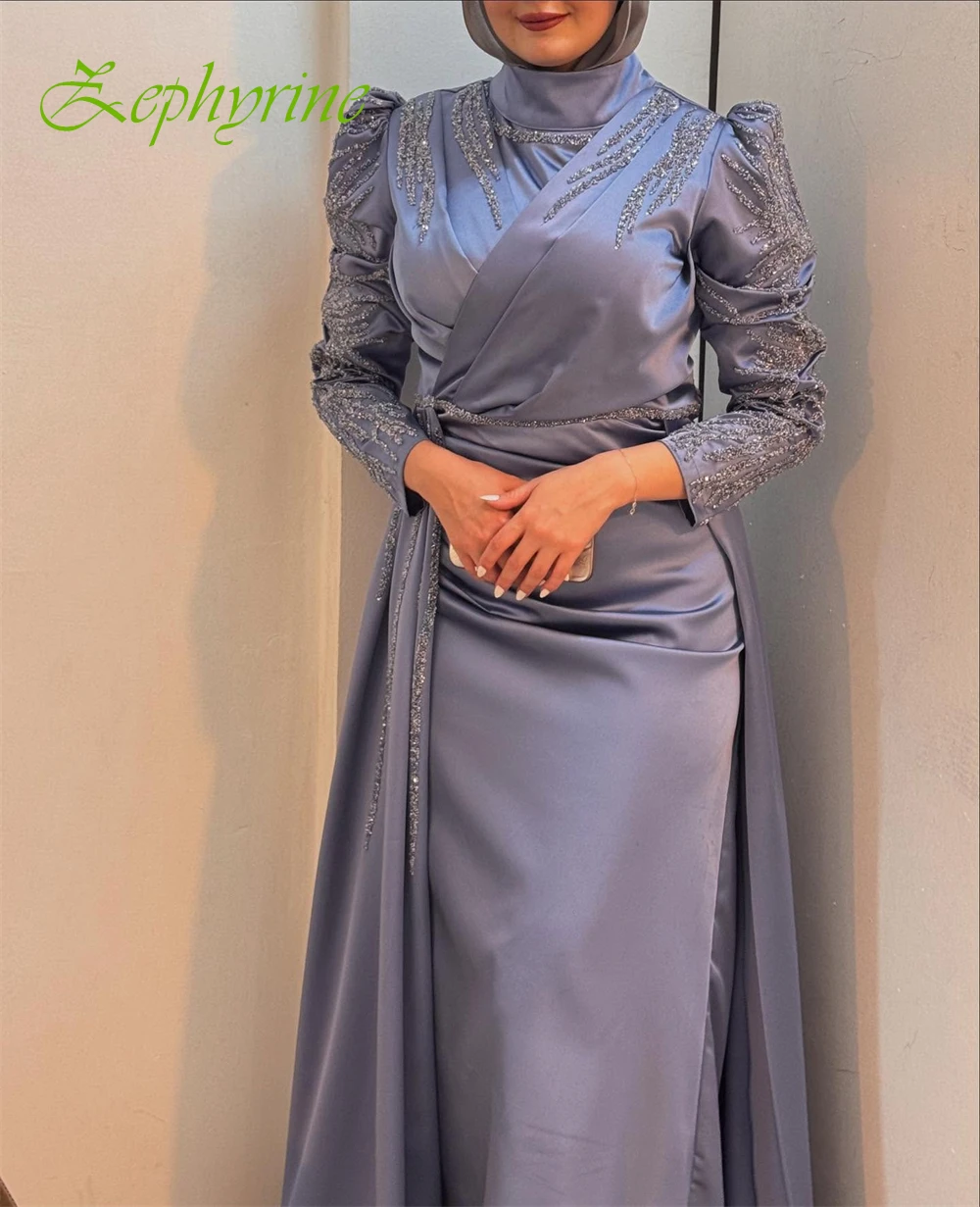 فستان سهرة مخصص بياقة عالية وأكمام طويلة من الساتان على شكل حرف A، فساتين رائعة للمناسبات الخاصة بطول الكاحل للحفلات الراقصة