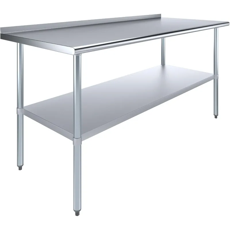 Table de travail en acier inoxydable avec dosseret de 1.5 po, table de préparation des aliments de cuisine en métal, NSF, 72 po de long x 30 po de profondeur