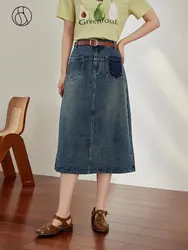 DUSHU 【Long+Short Skirt】Retro Wash Denim Blue Women Skirts Design Sense Cotton Summer New Women Long High Waist A-LINE Skirts