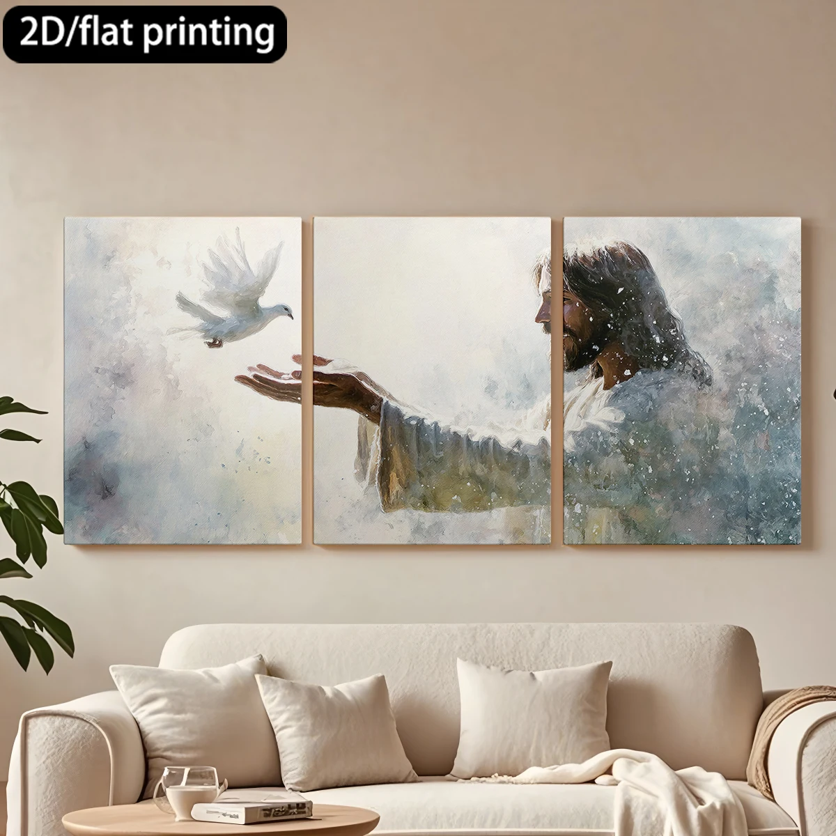 Impresión plana 2D, cuadro decorativo de lona con marco de madera de 3 piezas, pintura, figura, paloma en vuelo. Decoración para pasillo y dormitorio.