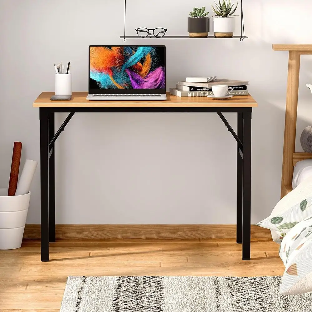 Modern Teak-Colored Folding Computer Desk, 39.375 Length, Easy Setup, Black Frame for Home Office
